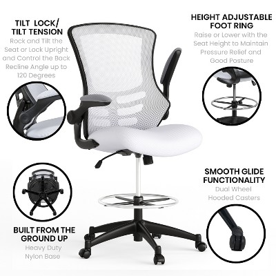 White Mesh and Leather Ergonomic Drafting Chair with Adjustable Arms