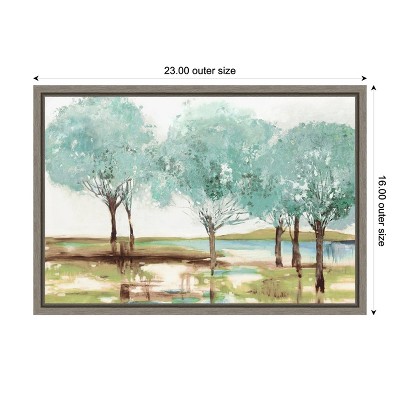 Teal Trees Landscape Canvas Wall Art Print in Gray Frame
