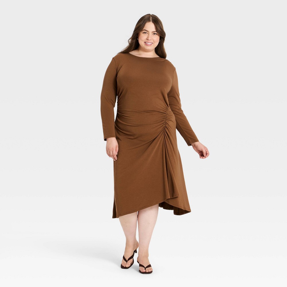 Women's Long Sleeve Side Rouching Midi Knit Dress - A New Day™ Brown 2X