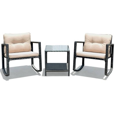 3pc Outdoor Steel Set with Rocking Chairs, Coffee Table & Cushions - WELLFOR
