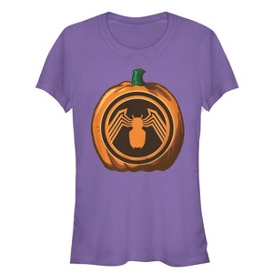 Juniors Womens Marvel Halloween Venom Logo Pumpkin T-Shirt - 1 of 3