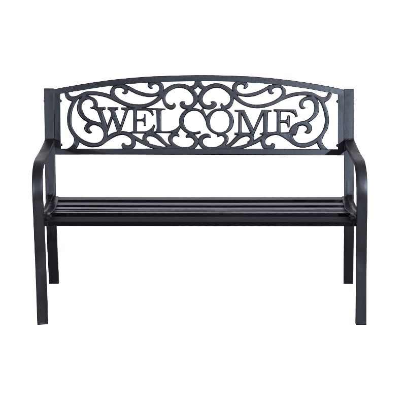 Outsunny 50" Outdoor Metal Welcome Bench, Powder Coated Cast Iron Sign & Steel Frame, 2 Person Bench with Antique Vine Motifs & Slatted Seat, Black, 4 of 8