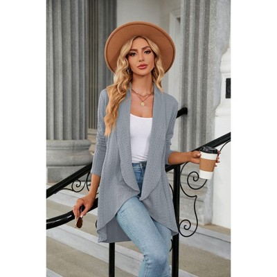 Womens Knit Cardigan Lightweight Jacket Open Front Long Sleeve Textured Flowy Cardigan with Lapel Neckline,Gray Blue - S