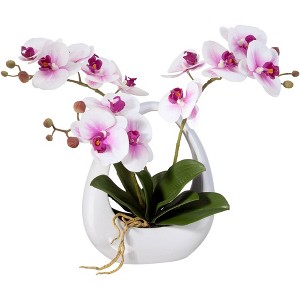 Dahlia Studios Potted Faux Artificial Flowers Realistic Pink White Phalaenopsis Orchid in Pot Home Decoration Living Room 13" High - 1 of 4