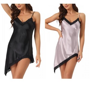 INSPIRE CHIC Women's 2 Pcs V Neck Lingerie Nightgown Lace Trim Mini Satin Full Slip Nightdress - 1 of 4