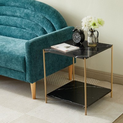 Kings Brand Furniture - Side End Table with Faux Marble Storage Shelves & Gold Metal Frame, Nightstand for Bedroom, Living Room, or Modern Accent Table
