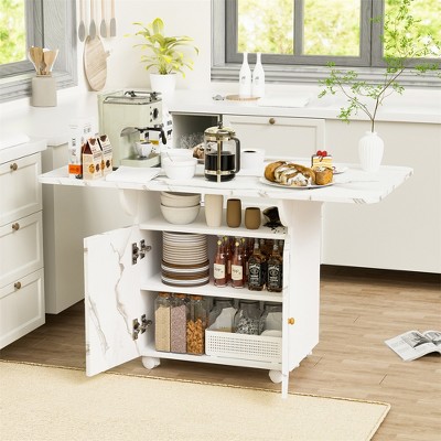 47" Extendable Drop Leaf Folding Dining Table With Cabinet & Storage Rack, Movable Side Table With 6 Wheels