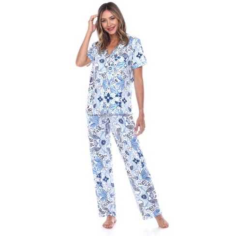 Women's Short Sleeve Top and Pants Pajama Set White/Blue Small - White Mark