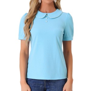 INSPIRE CHIC Women's Summer Peter Pan Collar Contrast Trim Puff Short Sleeve Blouse - 1 of 4