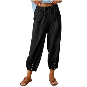 Womens Cotton Blend Linen Pants with Side Pockets Summer Slacks Drawstring Elastic Wasit Pants Ankle Length Button Detail Cuff Lounge Pants - 1 of 4