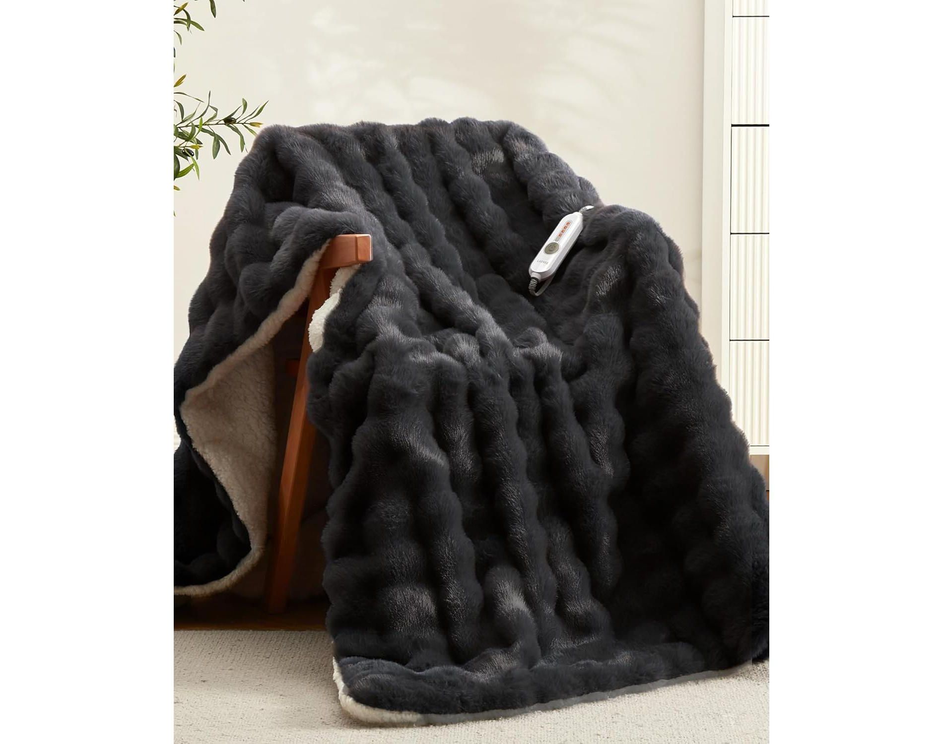 Washable Electric Heated Blanket with Dual Control, 4 Heat Settings, 10H Timer, Overheat Protection, Soft Faux Fur Throw for Couch Bed