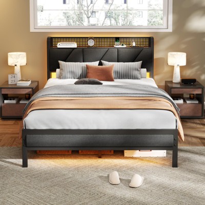 Furnulem Full Bed Frame with LED Lights,Headboard with Charging Station and USB Port,Upholstered Platform Bedframe Metal Support,No Box Spring Needed