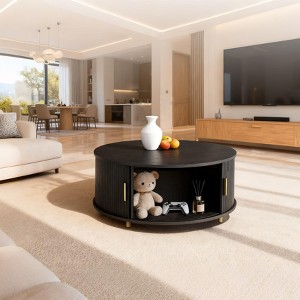 TiramisuBest Round 31.5" Modern Coffee Table with Sliding Tambour Door,Accent Coffee Table with Storage,Coffee Center Table for Living, Black - 1 of 4