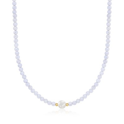Ross-Simons 8.5-9mm Cultured Pearl and 4.5mm Blue Agate Bead Necklace With 18kt Gold Over Sterling