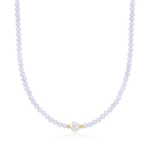 Ross-Simons 8.5-9mm Cultured Pearl and 4.5mm Blue Agate Bead Necklace With 18kt Gold Over Sterling - 1 of 2
