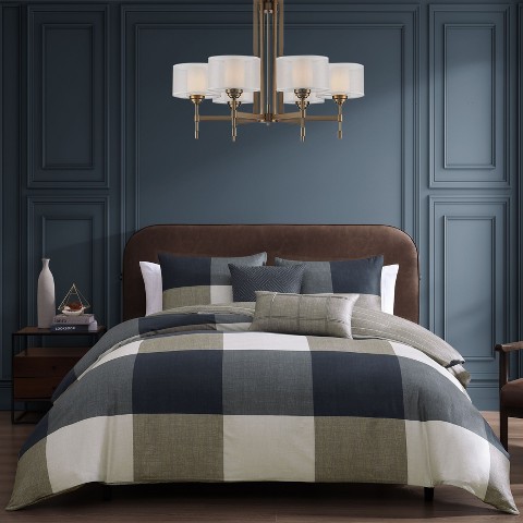Bebejan Checkered Navy Tan 100% Cotton Sateen 5 Piece Plaid Reversible Comforter Set, All Season Bedding Set - Queen