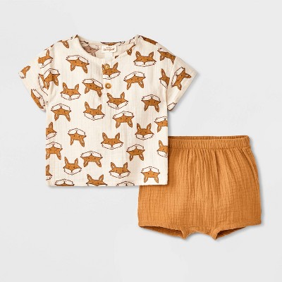 Baby Boys' Fox Printed Henley Gauze Shorts Set - Cat & Jack™ Cream