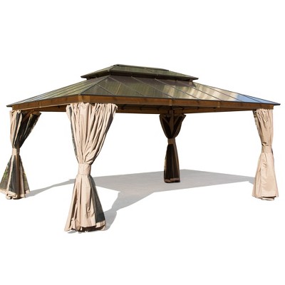 Gloweer Outdoor Hardtop Aluminum Gazebo Permanent with Polycarbonate Double Roof, with Curtain and Net