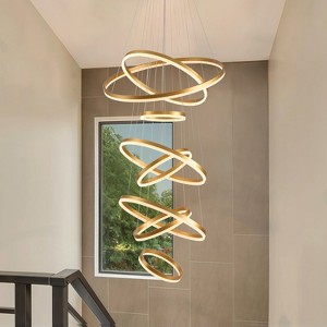 BAOURE Modern LED Chandelier 8 Ring Gold LED Pendant Light Adjustable Height Hanging Ceiling Light Fixture Dimmable Chandelier for High Ceiling - 1 of 4