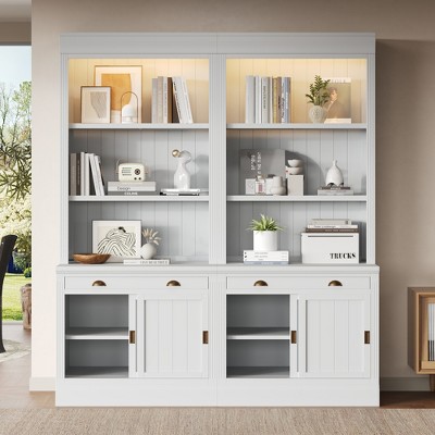 VYNXARIA 83.4" Tall Bookshelf Suite - Modern Bookcase with Sliding Doors, Drawers & Open Shelves