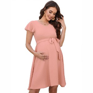 Maternity Swiss Dot Flowy Midi Dress Summer Short Sleeve V Neck Casual Dress with Belt Baby Shower - 1 of 4