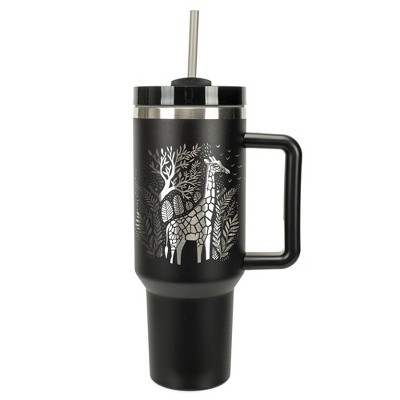 Elanze Designs 40 Ounce Travel Tumbler With Straw and Lid Stainless Steel Double Wall Insulated Floral Safari Giraffe Black