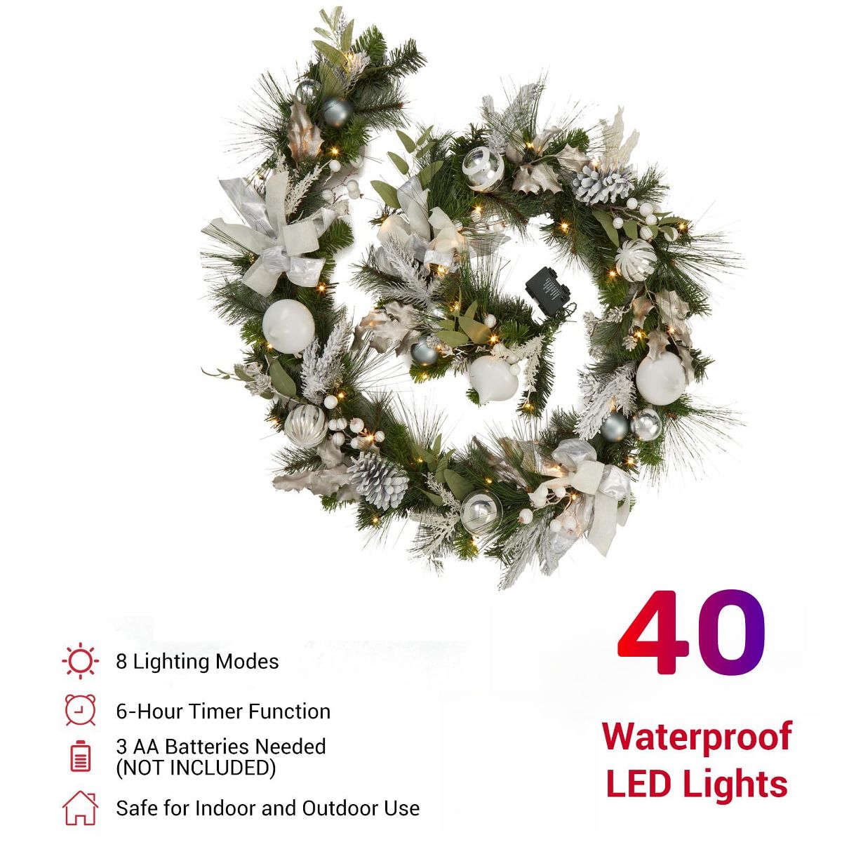 9 Ft Prelit Christmas Garland, Battery Operated Xmas Garland with Lights Silver White Ball Ornaments Pine Cones for Fireplace Door Stairs Railing - thumbnail 9
