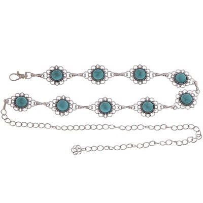 Anna-Kaci Women's Waist Chain Belt with Floral Links and Turquoise Stone Accents - Silver