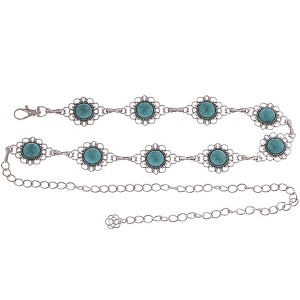 Anna-Kaci Women's Waist Chain Belt with Floral Links and Turquoise Stone Accents - Silver - 1 of 4
