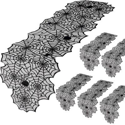 Wikineon Halloween Table Runners 6 Packs Black Lace Spider Web Linens for Halloween Table Decor Polyester Creepy Table Cloth