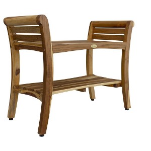EcoDecors® Symmetry® 29" Teak Wood Shower Bench with Shelf and LiftAide® Arms in EarthyTeak Finish - 1 of 4