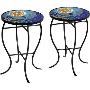 Teal Island Designs Modern Black Round Outdoor Accent Side Tables 14" Wide Set of 2 Blue Mosaic Tabletop for Front Porch Patio Home House