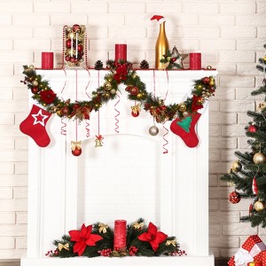 9 ft Christmas Garland with 40 LED Lights Timer Ball Ornaments for Outdoor Fireplace Table Stair Railing Decoration - 1 of 4