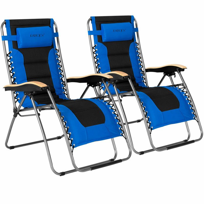 Costway 2PCS Folding Zero Gravity Chair Padded Lounge Chair w/ Beech Armrests Turquoise/Blue/Grey, 1 of 11
