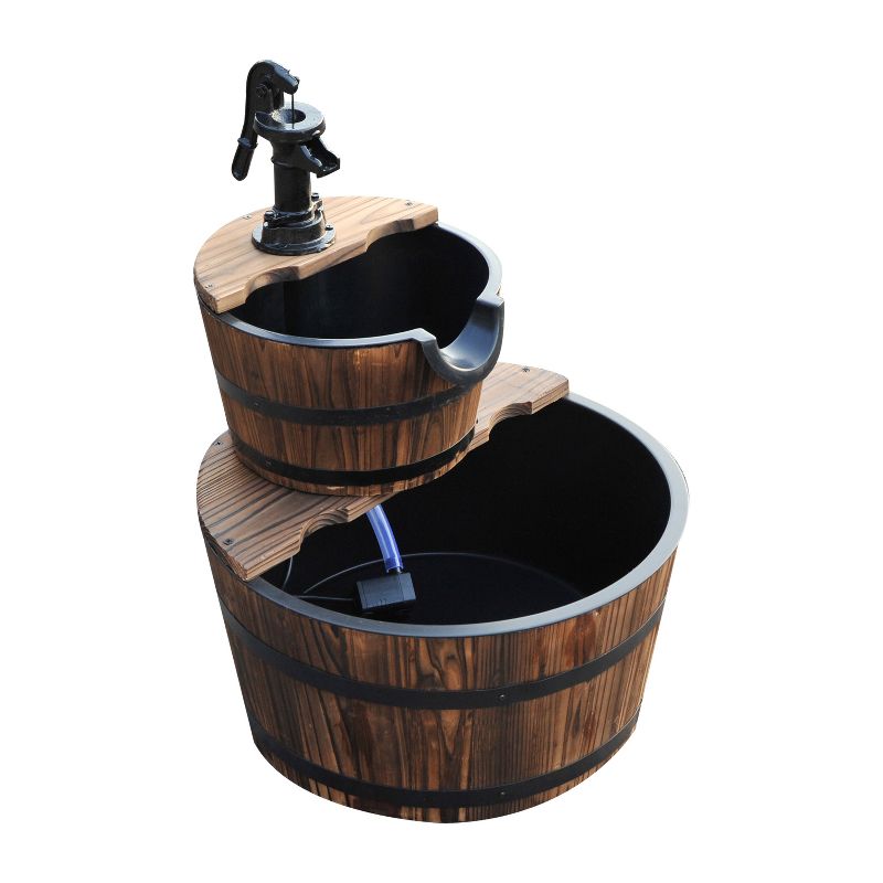 Outsunny Wood Freestanding Fountain with 2 Tier Waterfall Barrel, Electric Pump for Garden Decor, Lawn, Backyard, 4 of 7