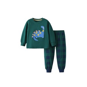MyKids-Usa Spring and Autumn Boys Cartoon Pattern Long Sleeves Top and Plaid Pants Clothing Set - 1 of 4