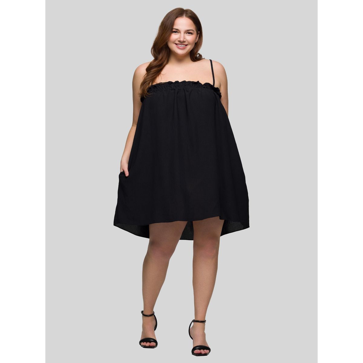 Plus Size Square Neck Spaghetti Strap Smocked Pocket Mini Dress - 24seven Comfort Apparel™