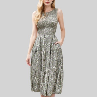 Anna-Kaci Women's Floral Print Sleeveless Midi Dress with Tiered Skirt
