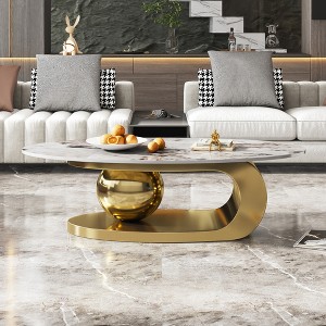 FONTOI 49.2 Inches Oval Marble Texture Coffee Table Living Room Luxury Center Table Sofa Table with Stainless Steel Base, Gold, 49.2"* 27.6"*15.8" - 1 of 4