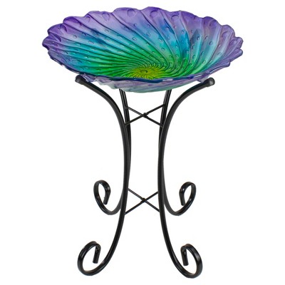  Northlight 18” Purple and Green Swirled Hand Painted Glass Outdoor Birdbath 