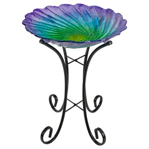 Northlight 18” Purple and Green Swirled Hand Painted Glass Outdoor Birdbath - 1 of 4