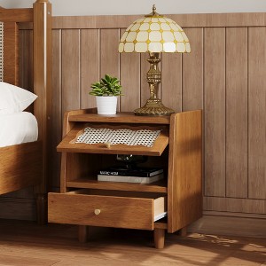 VYNXARIA Wooden Nightstand with Rattan-Woven Storage Cabinet and 1 Drawer, Exquisite Elegance with Natural Storage Solutions for Bedroom, Walnut - 1 of 4