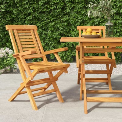 vidaXL Solid Teak Wood Brown Folding Patio Chairs – Set of 2, Garden Seating with Armrest & Backrest, Water-Resistant Outdoor Furniture