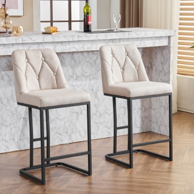 beige Set of 2, Modern Upholstered Bar Stool, Tufted Back, Counter Height Chair, Sturdy Metal Frame, Comfortable Upholstered Seat