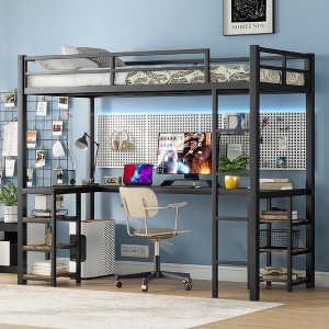 Twin XL Metal Loft Bed with Ladder, Desk and Shelves - 1 of 4