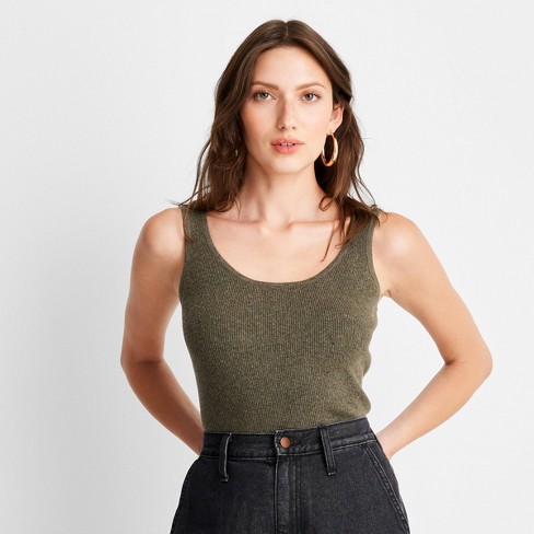 Women's Slim Fit Ribbed High Neck Tank Top - A New Day™ Olive XS