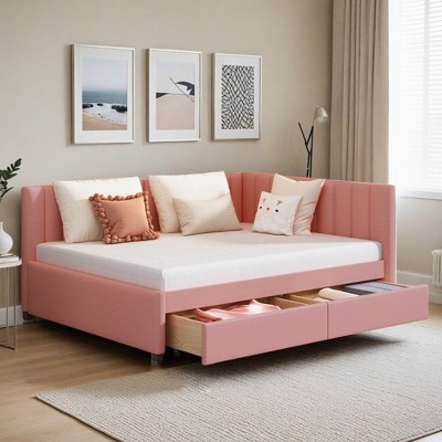 Modern Full Size Linen Upholstered Daybed with 2 Storage Drawers,Sofa Bed with Backrest and Armrests - Leovsnove