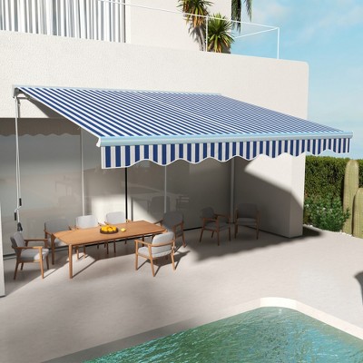 VisioGear Retractable Awning, 13'*10' Patio Awnings with Manual Crank Handle for Deck, Yard, Blue & White, 153.5"*118.1"*59.1"