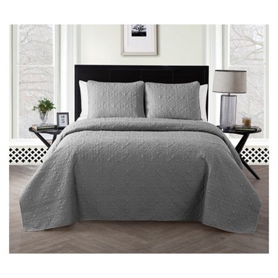 Gray Twin Microfiber Embossed Floral Quilt Set