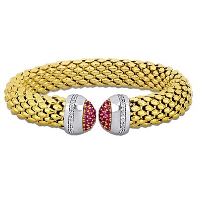 EVERLY JEWELRY | Two Tone Silver 0.86 CT TGW White, Red Cubic Zirconia wide popcorn stretch Bangle